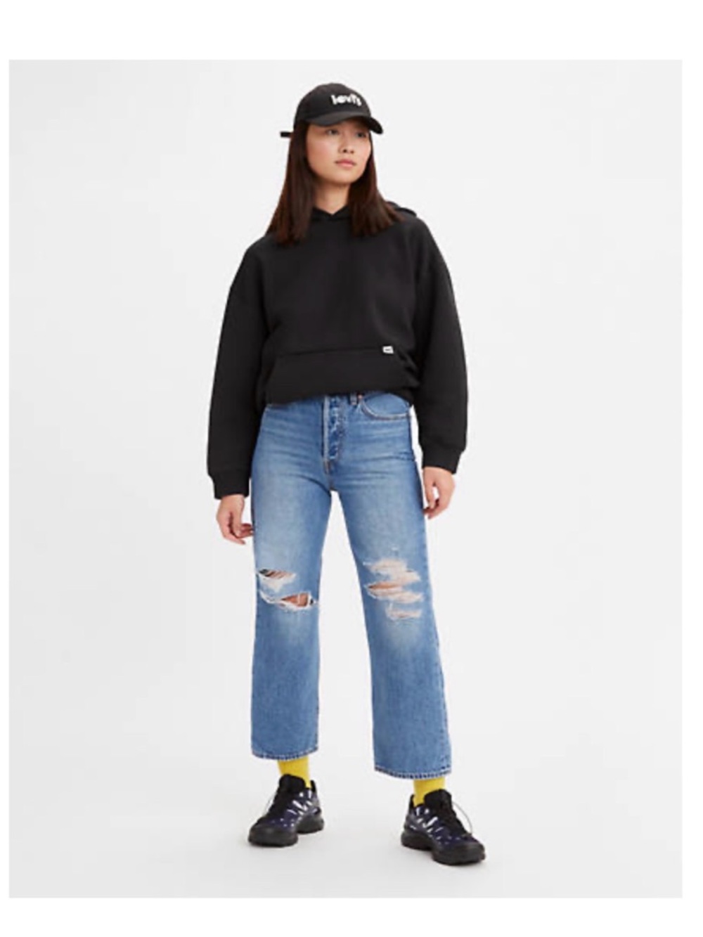 Levi's Cropped Distressed Straight Jeans in Light Blue